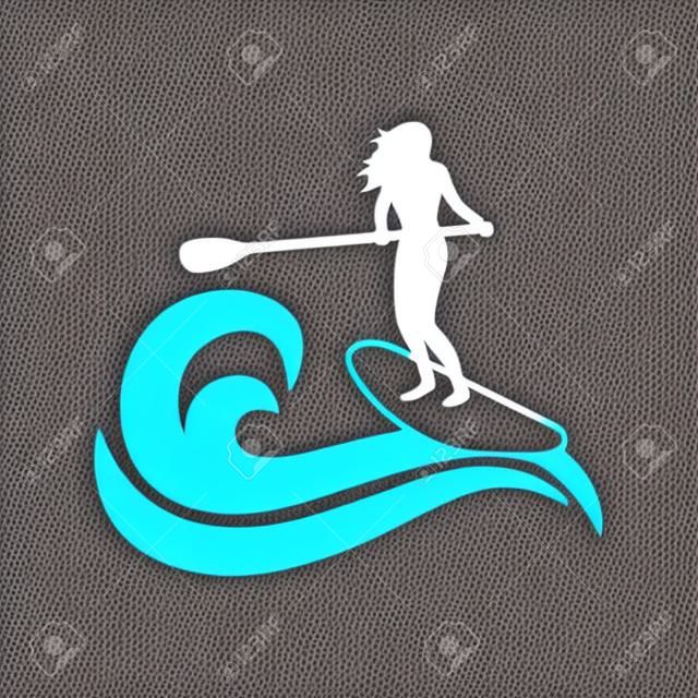 Logo stojącego wiosła. dziewczyna stojąca na sup i trzymająca wiosło. modne rodzaje sportów wodnych. wektor ikona w płaski.