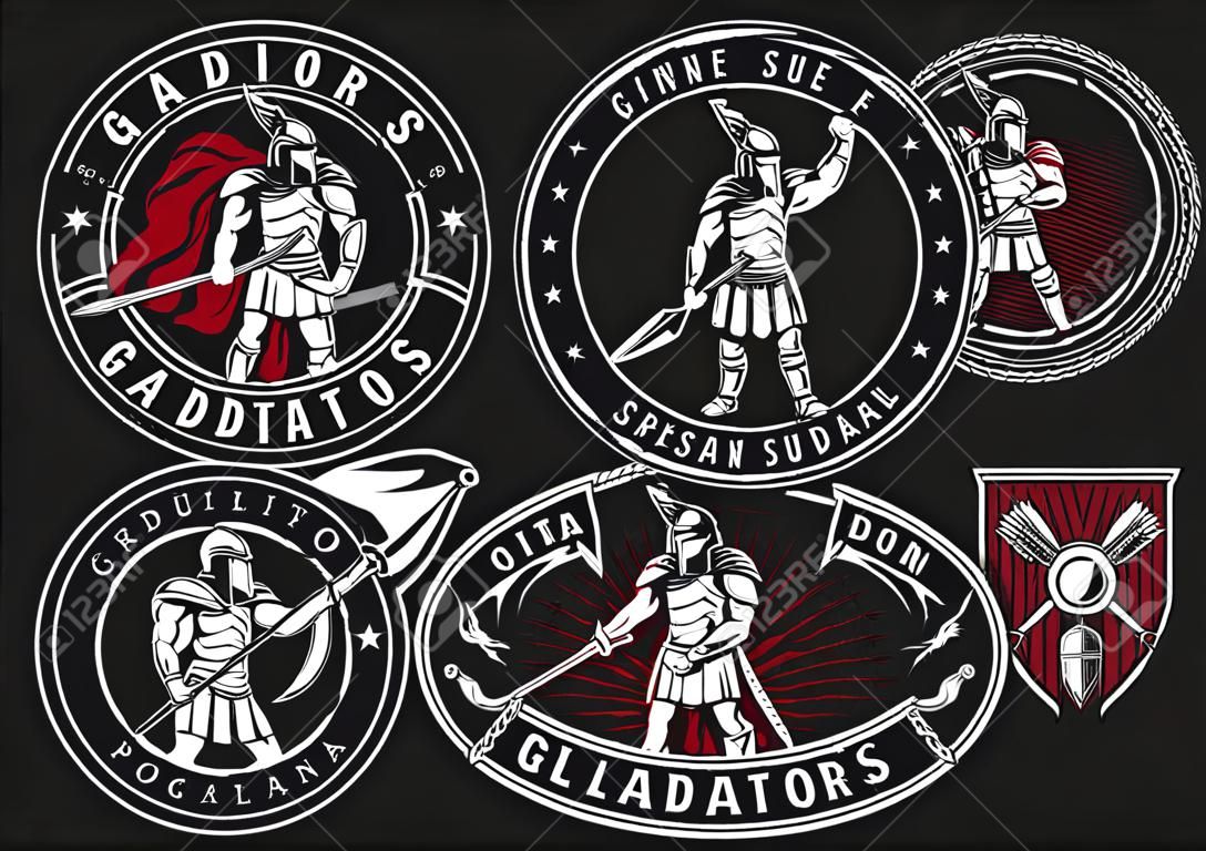 Satz Gladiatoren auf schwarzem Hintergrund. Alle Elemente befinden sich auf der separaten Ebene.