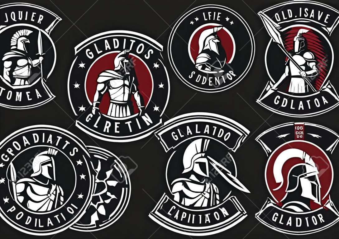 Set of gladiators on black background. All elements is on the separate layer.