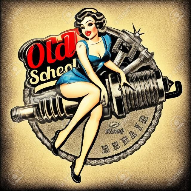 Spark Plug Pin Up Girl illustration with piston and wrench. Vintage style.  All elements, text are on the separate layer.