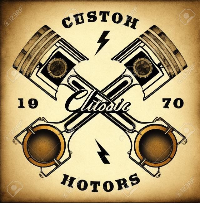 Illustration of vintage crossed pistons. Vintage style (VERSION FOR DARK BACKGROUND). Text is on the separate layer.
