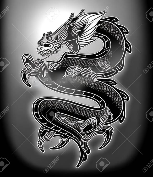 Illustration vectorielle de dragon japonais au design monochrome, isolé sur fond sombre.