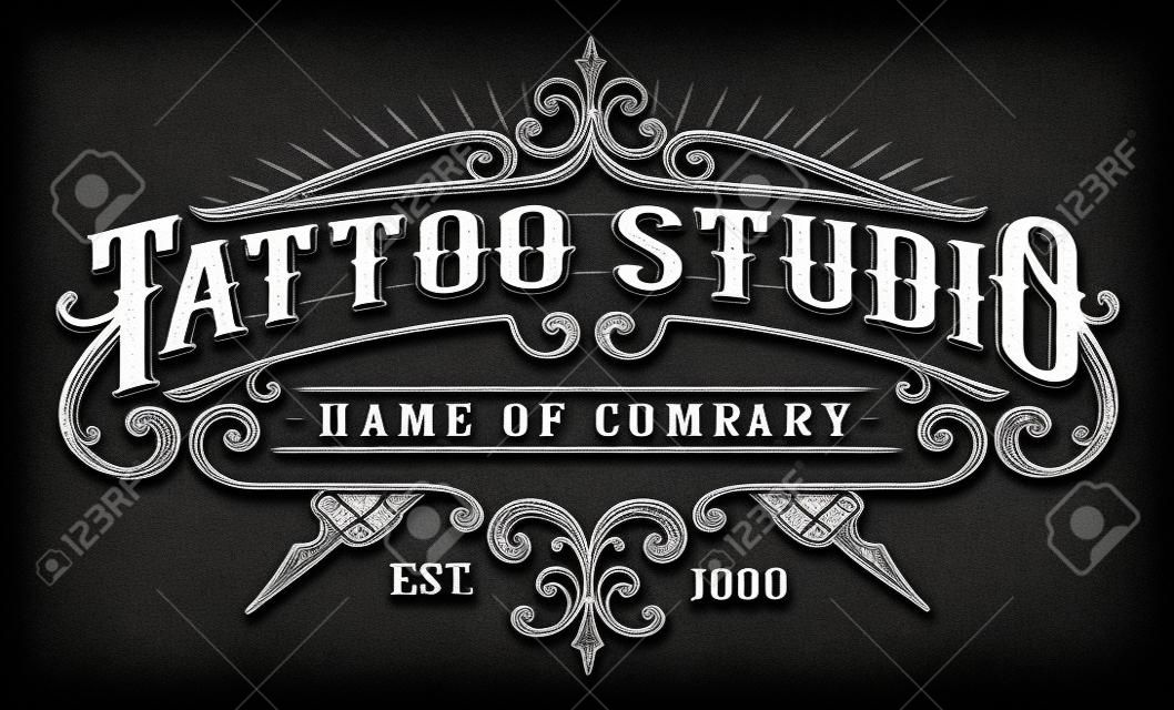 Tattoo lettering in retro style frame on black background.