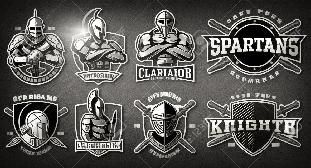 Set of logos, badges with ancient warriors. vector illustration with knight, spartan and gladiator. Perfect for fitness center, gym and fight club. Text is on the separate layers.