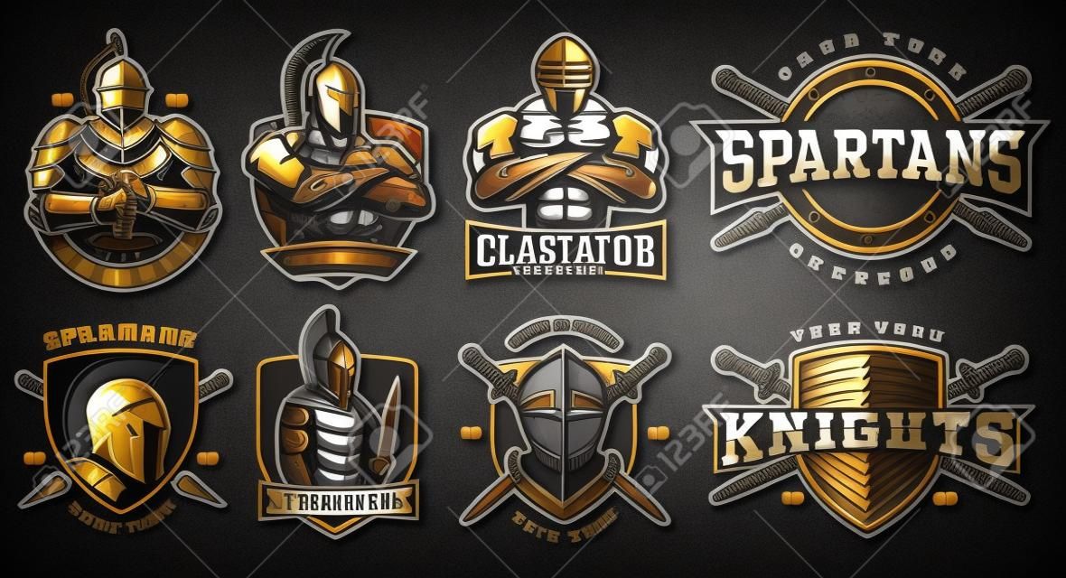 ロゴのセット、古代の戦士とバッジ。騎士、スパルタと剣闘士とベクトルイラスト。フィットネスセンター、ジム、ファイトクラブに最適です。テキストは別々のレイヤー上にあります。