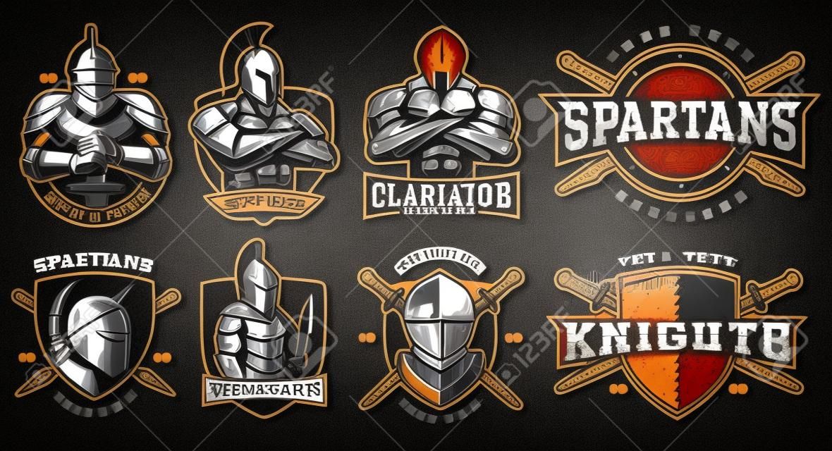 Set of logos, badges with ancient warriors. vector illustration with knight, spartan and gladiator. Perfect for fitness center, gym and fight club. Text is on the separate layers.