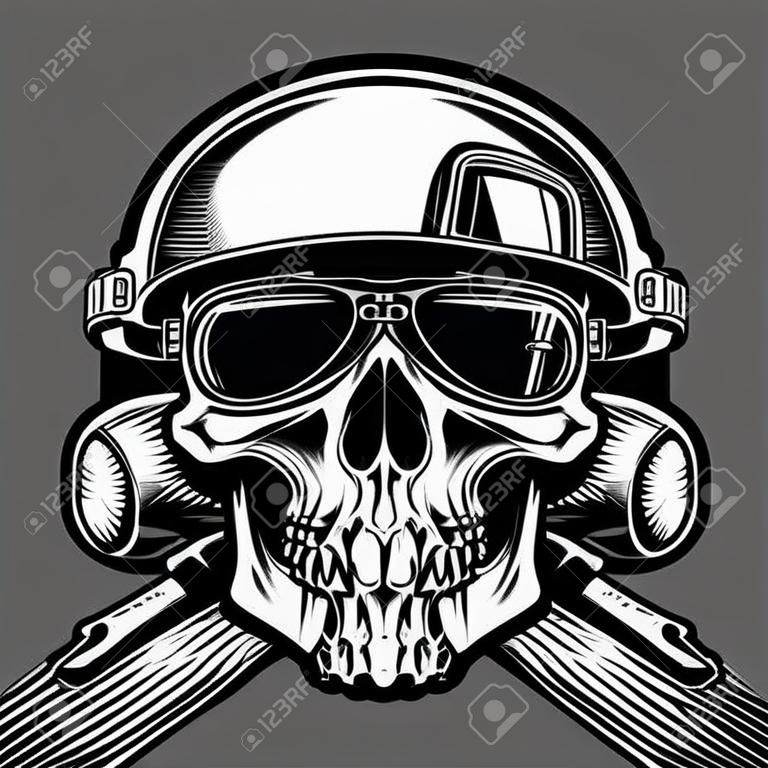 Black and white illustration of biker skull