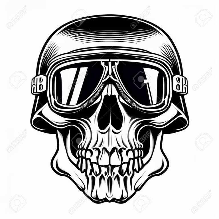 Black and white illustration of biker skull