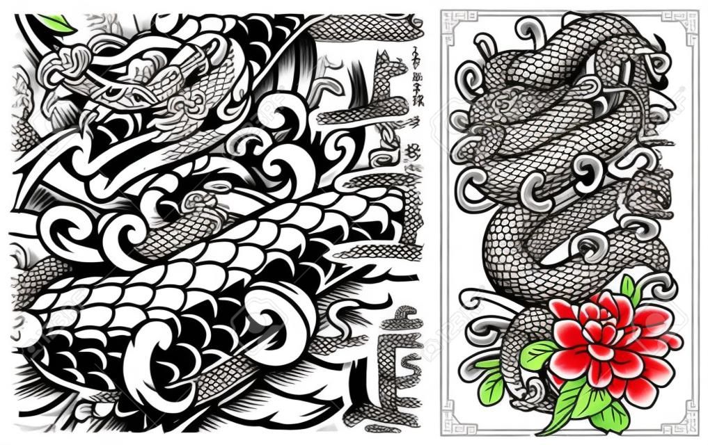 일본 뱀 문신 디자인. 일본 스타일의 바이퍼와 국화. 포스터, 셔츠 프린트 등에 적합합니다.