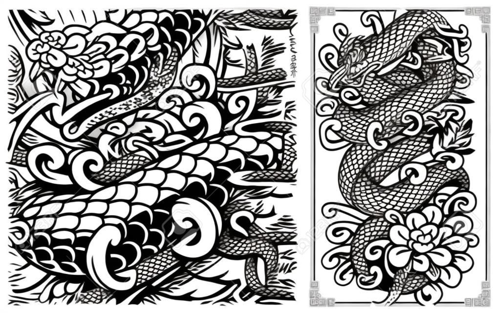 Diseño de tatuaje de serpiente japonesa. Víbora y crisantemos al estilo japonés. Perfecto para carteles, estampados de camisetas y muchos otros.