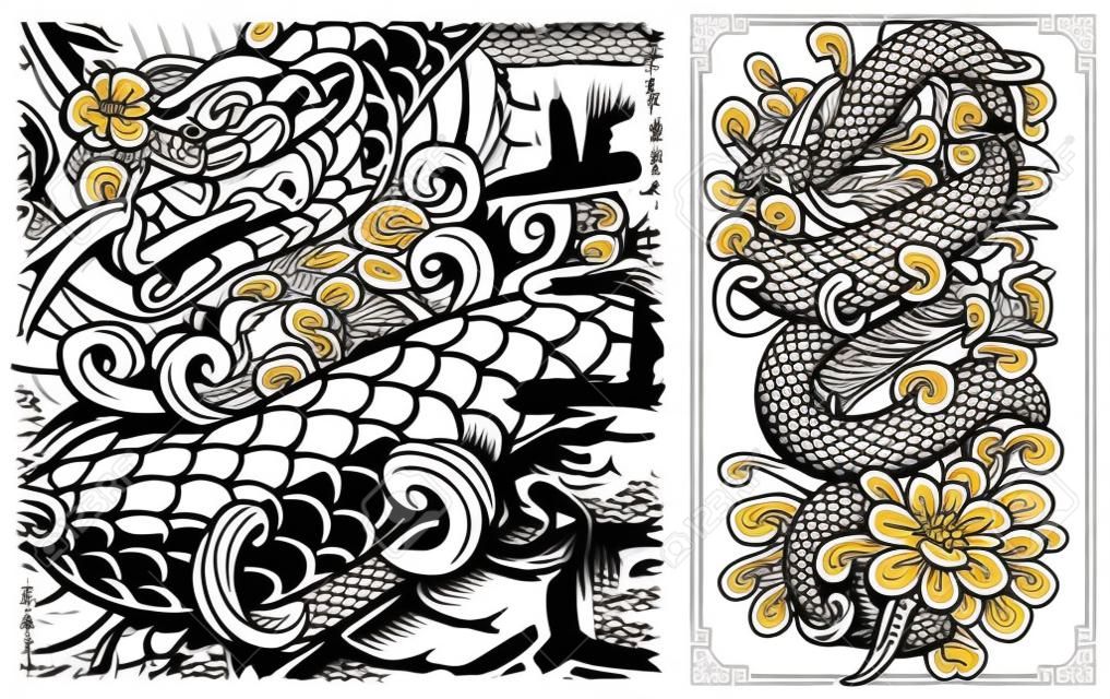 Japanisches Schlangen-Tattoo-Design. Viper und Chrysanthemen im japanischen Stil. Perfekt für Poster, Shirt-Drucke und vieles mehr.