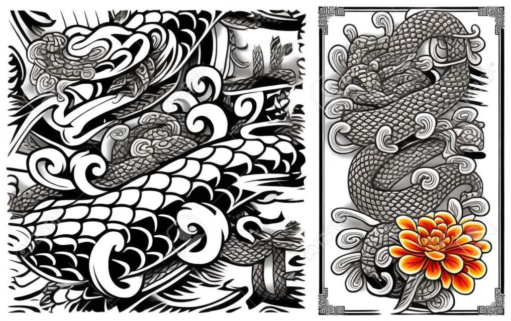 Disegno del tatuaggio del serpente giapponese. Vipera e crisantemi in stile giapponese. Perfetto per poster, stampe di magliette e molti altri.