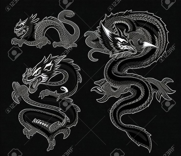 A set of black and white vector Asian dragons on dark background.