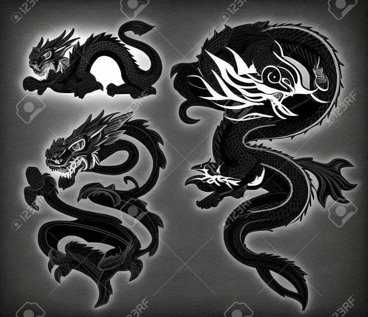 A set of black and white vector Asian dragons on dark background.
