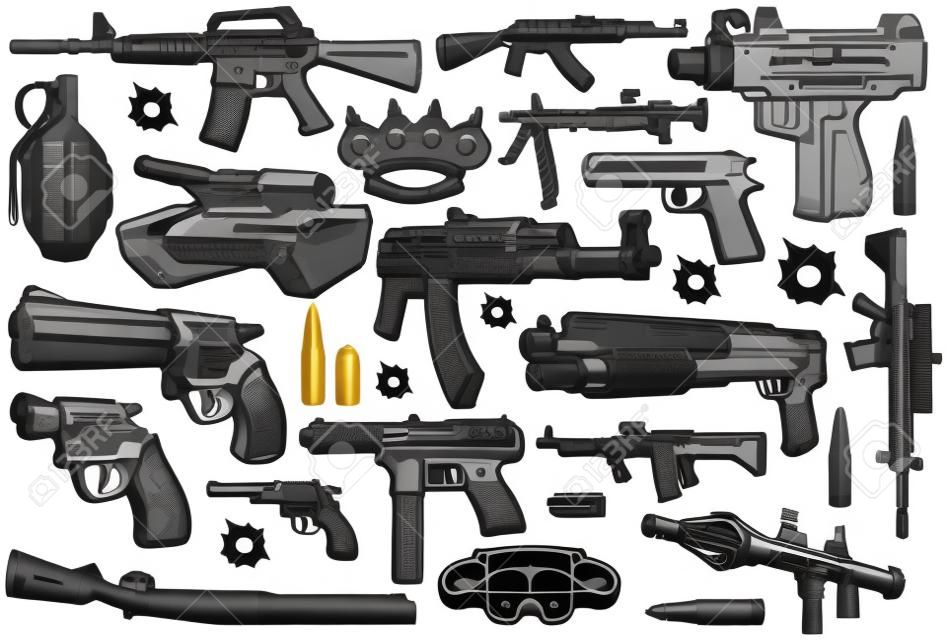 A bundle of different vector weapons isolated on white background