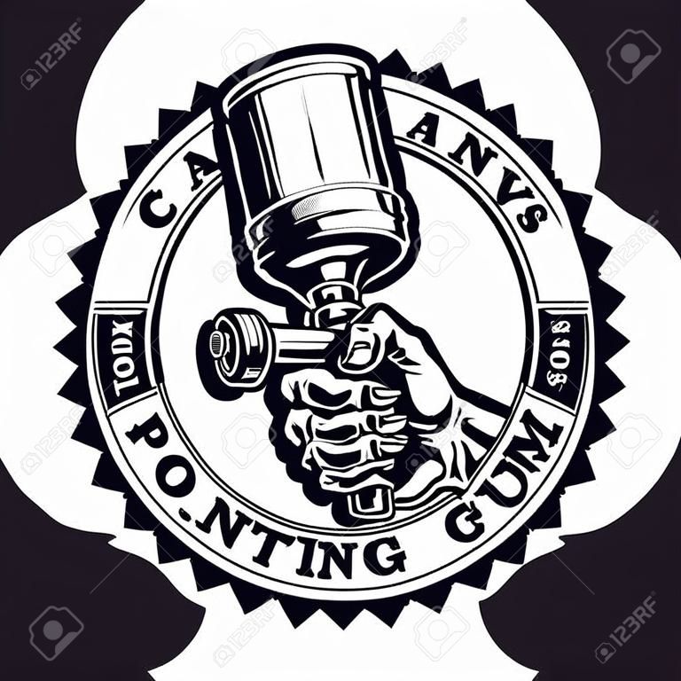 A vintage logo template for a car painting theme, vector illustration of a skeleton hand holding a spray gun.