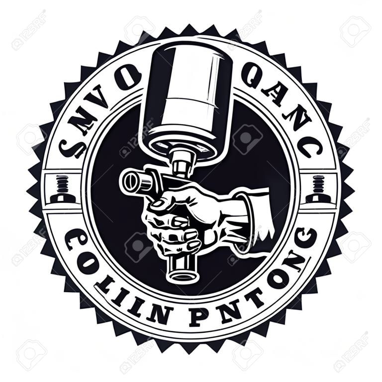 A vintage logo template for a car painting theme, vector illustration of a skeleton hand holding a spray gun.