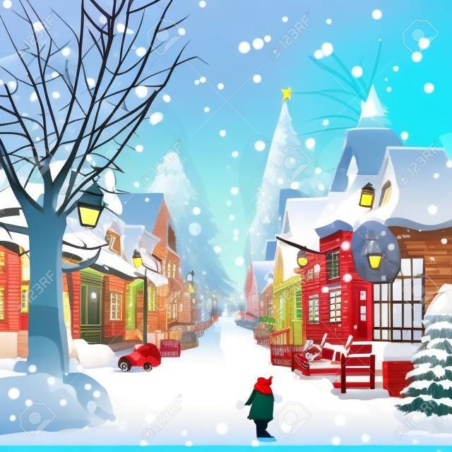 모바일 크리스마스 도시 그림입니다. 크리스마스 눈 덮인 구시 가지. 만화 건물. 크리스마스 배경입니다. 겨울의 도시 거리.