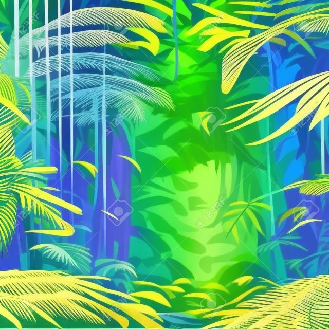 Selva tropical colorida. hojas de palma y otras plantas. colección textil aloha. bosque tropical con densa vegetación de árboles, arbustos y enredaderas. paisaje con flores verdes.