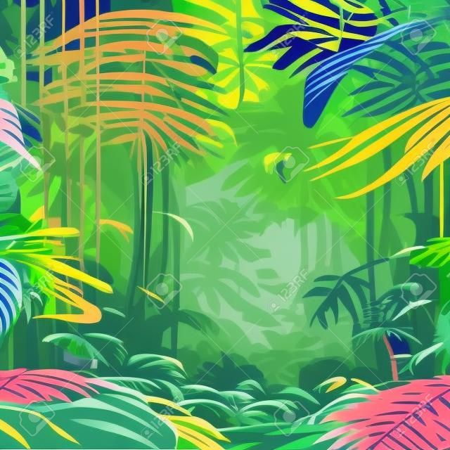 colorful tropical rainforest. palm leaves and other plants. Aloha textile collection. Tropical forest with dense vegetation of trees, shrubs and vines. landscape with green flowers.