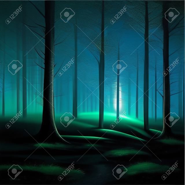 Futuristic night landscape with abstract forest landscape. Dark scene of natural forest with reflection sunbeams.