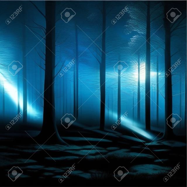 Futuristic night landscape with abstract forest landscape. Dark scene of natural forest with reflection sunbeams.