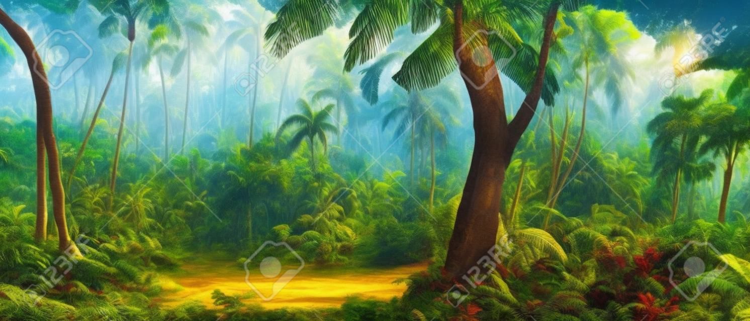 水平の熱帯ジャングルの風景。ヤシの木とリアナのある鬱蒼とした森のパノラマビュー。エキゾチックカラフル