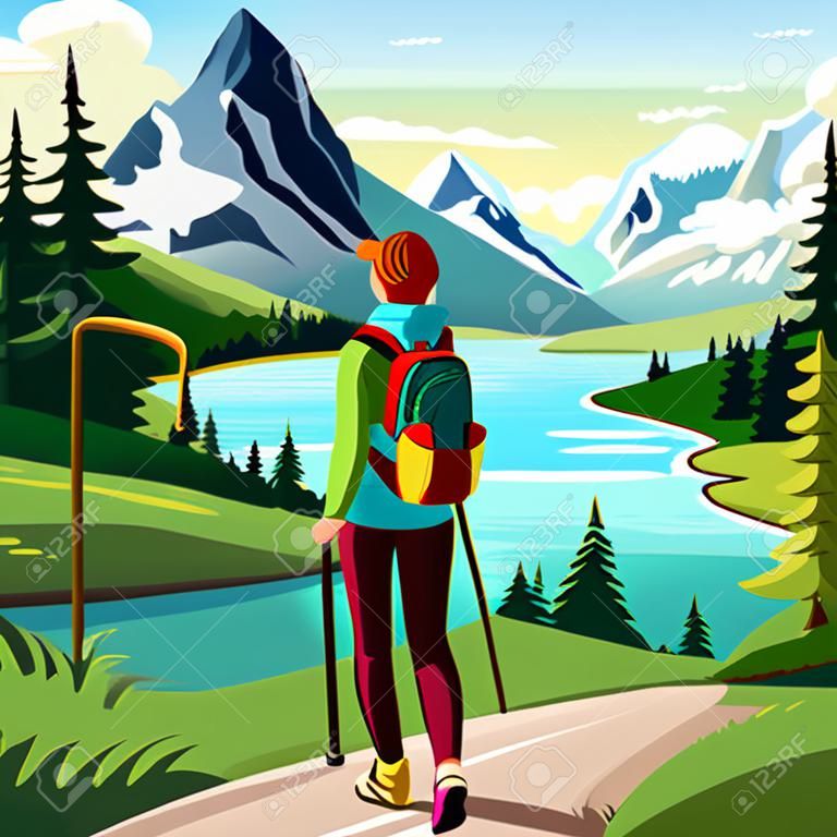 Adventure woman hiker enjoying hiking in mountains with nordic poles backpack flat vector illustration. Woman traveler travels with backpack.