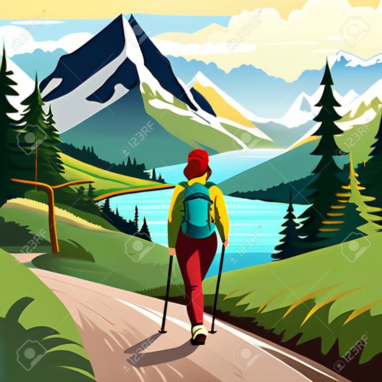 Adventure woman hiker enjoying hiking in mountains with nordic poles backpack flat vector illustration. Woman traveler travels with backpack.
