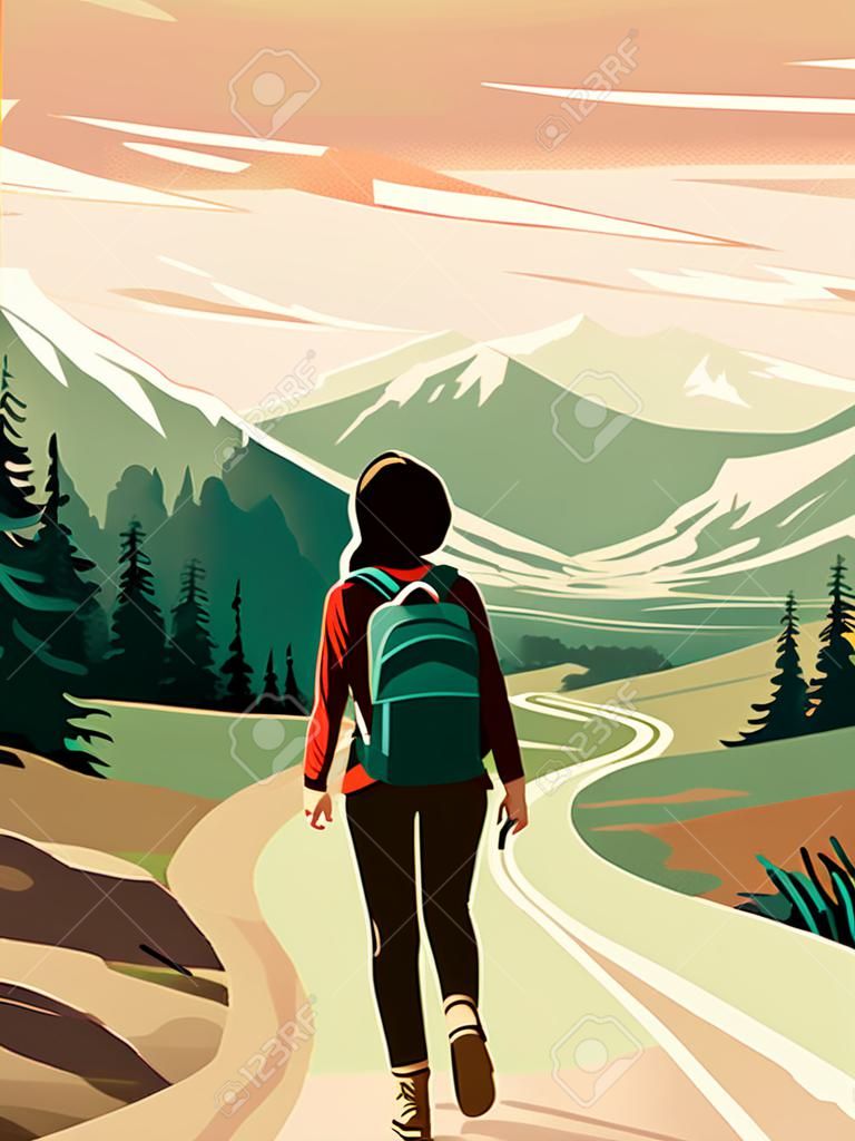Beautiful design with a sense of travel. A young woman with a backpack inspects the surroundings. Vector vertical
