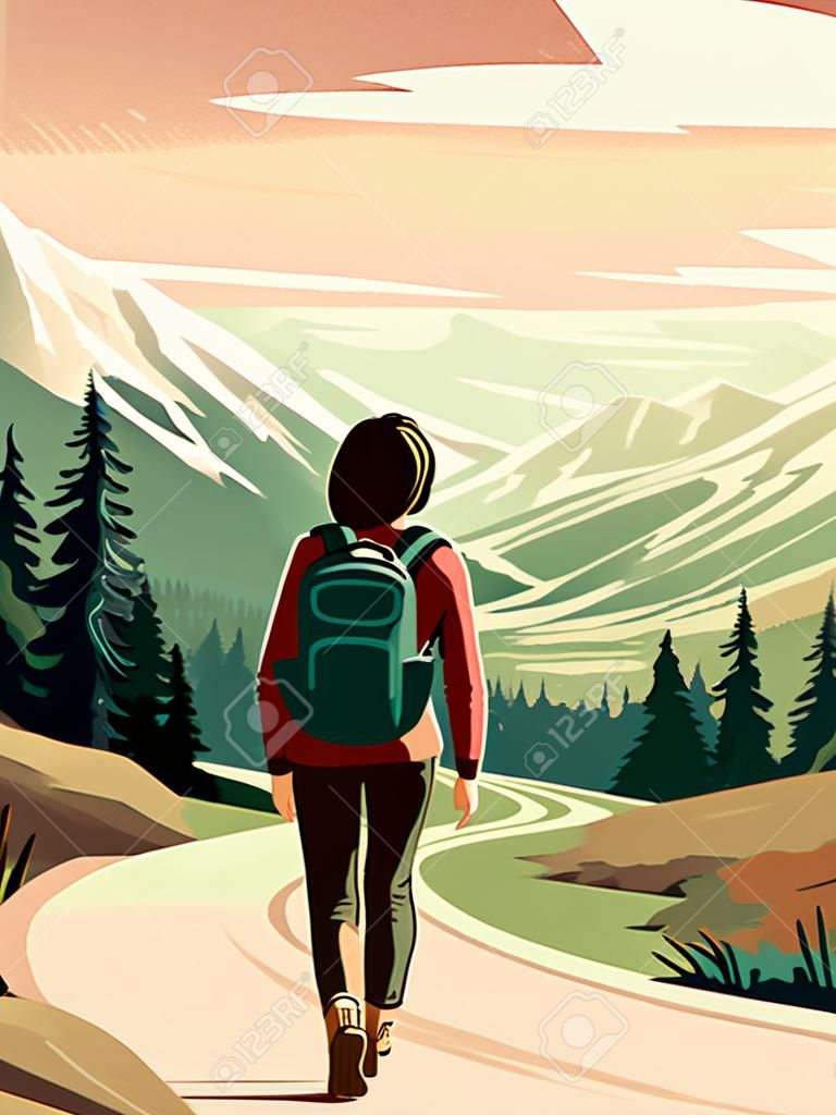 Beautiful design with a sense of travel. A young woman with a backpack inspects the surroundings. Vector vertical