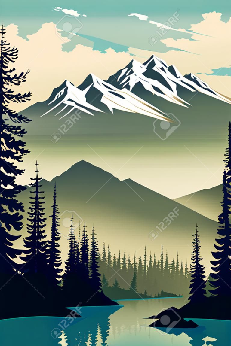 Seamless vector blue beautiful mountains patterned forest panorama illustration Mountain