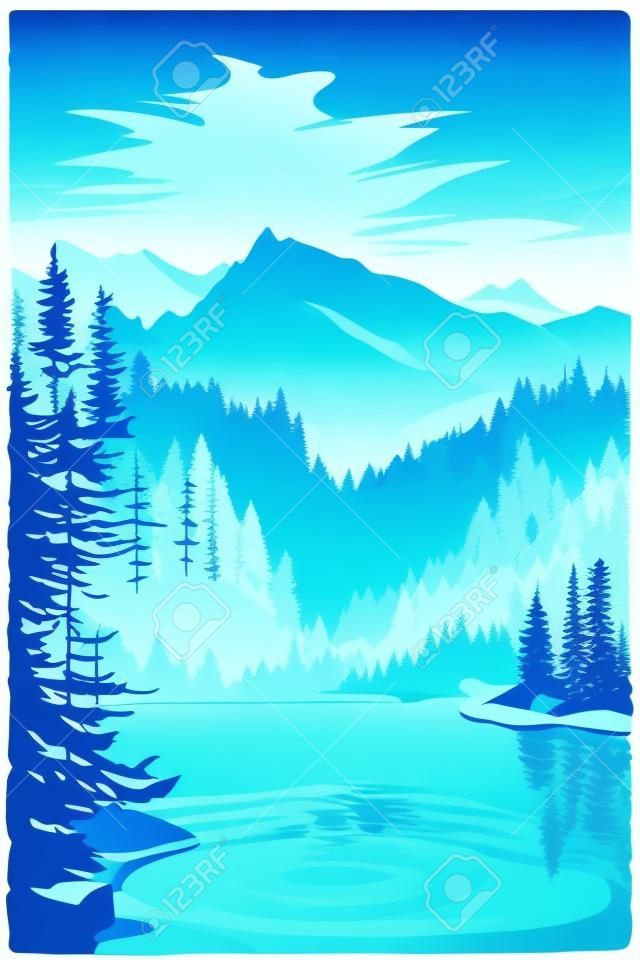 Seamless vector blue beautiful mountains patterned forest panorama illustration Mountain