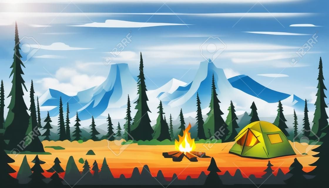 Summer forest or mountain tourist campground or campsite with tents and fireplace