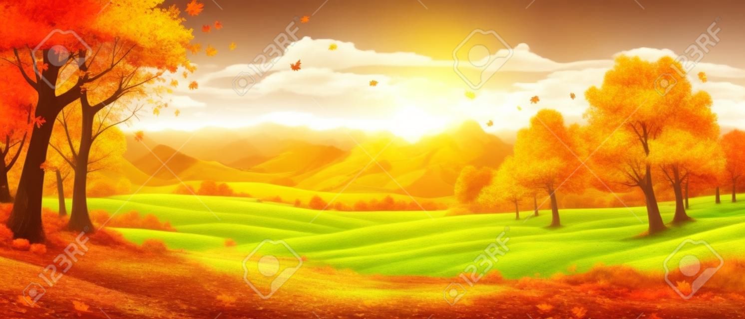 Panorama de la campagne en automne, bannière horizontale vectorielle des montagnes du paysage d'automne