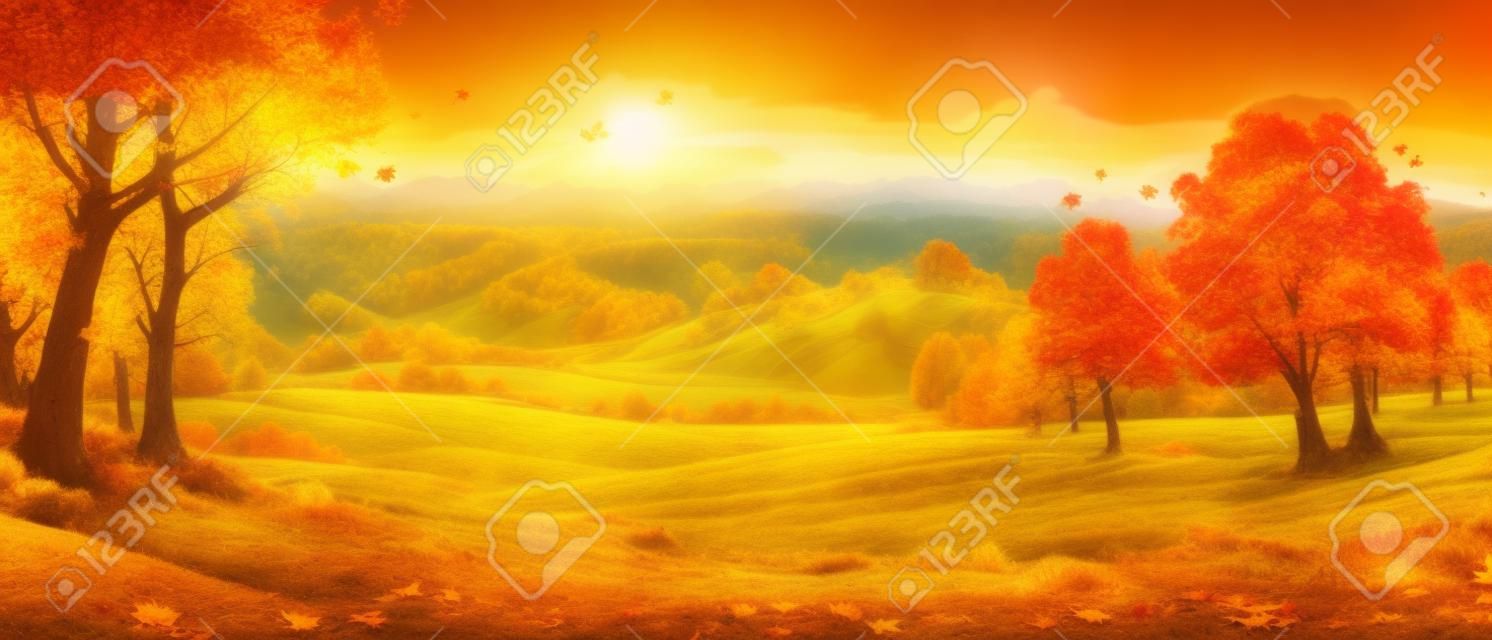 Panorama della campagna in autunno vettore banner orizzontale delle montagne del paesaggio autunnale
