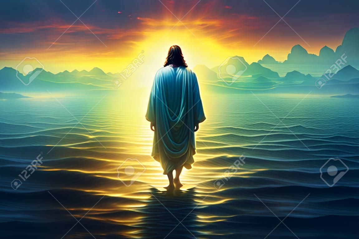 La figure de Jésus marche sur l'eau sur un fond ensoleillé