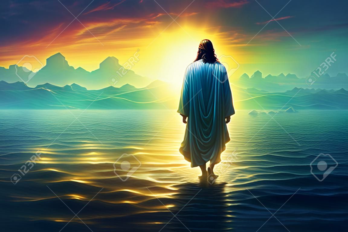 La figure de Jésus marche sur l'eau sur un fond ensoleillé