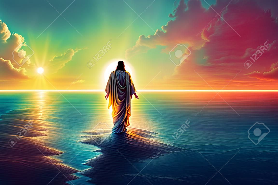 The figure of Jesus walks on water on a sunny background