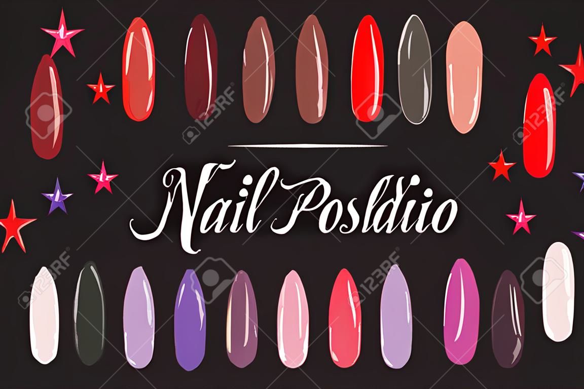 Nail polish palette isolated on black background. Nail salon logo. Fashionable color manicure for a beauty studio. illustration vector.
