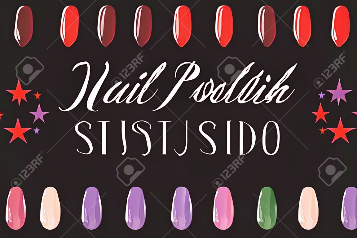 Nail polish palette isolated on black background. Nail salon logo. Fashionable color manicure for a beauty studio. illustration vector.
