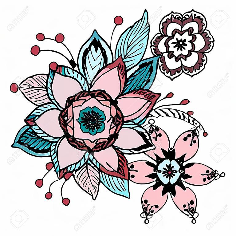 Hand drawn artwork with abstract flowers. Background for web, printed media design. Mehendi henna tattoo doodle style.