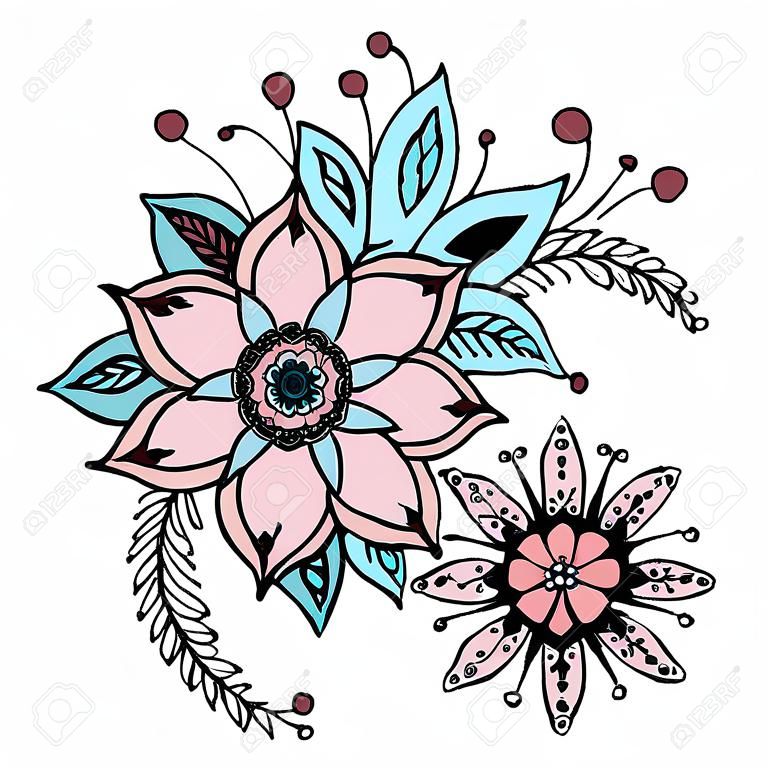 Hand drawn artwork with abstract flowers. Background for web, printed media design. Mehendi henna tattoo doodle style.