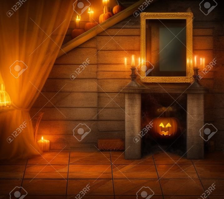 Halloween Concept.Interior - gold frame, web, candlestick and fireplace in old Abandoned castle