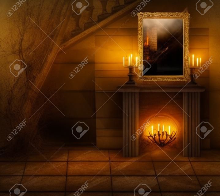 Halloween Concept.Interior - cadre doré, web, chandelier et une cheminée dans le vieux château abandonné