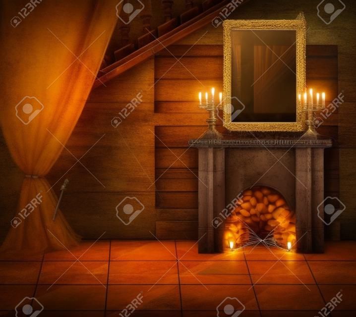 Halloween Concept.Interior - złota ramka, www, świecznik i kominek w starym opuszczonym zamku