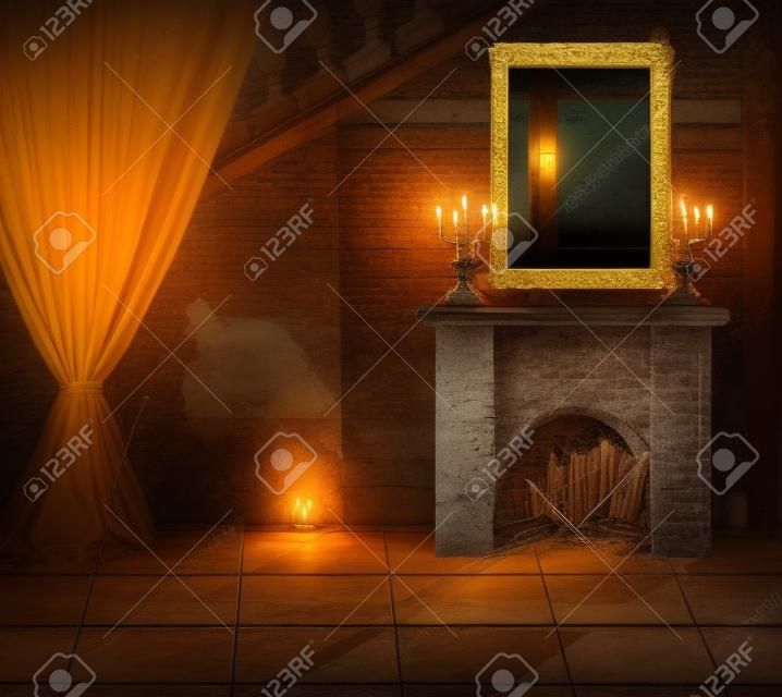 Halloween Concept.Interior - cadre doré, web, chandelier et une cheminée dans le vieux château abandonné