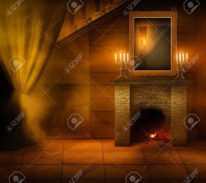 Halloween Concept.Interior - cornice d'oro, web, candeliere e camino in vecchio castello abbandonato