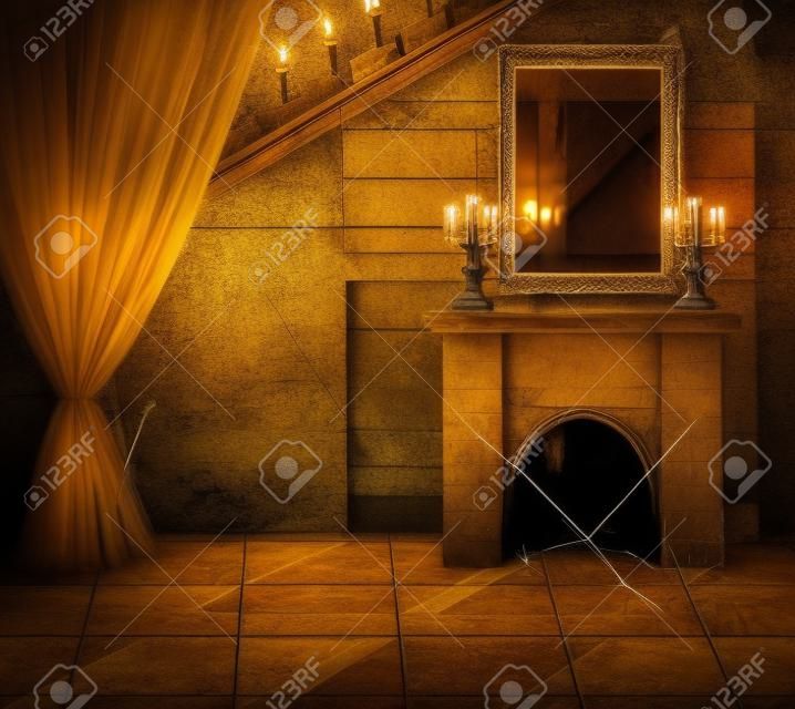 Halloween Concept.Interior - gold frame, web, candlestick and fireplace in old Abandoned castle