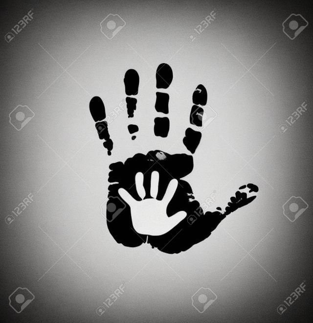 Black and white silhouette of adult and baby hands on white. Mother or father and child hand print. Palm of man and baby. Social illustration idea of the sign for the association of care, charity.